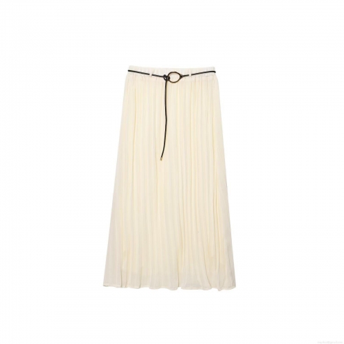 Women's Pleated Midi Skirt With Belt High Waist Solid Color Elegant Flowy Chiffon Long Skirt For Casual Daily Work Streetwear Ins Style