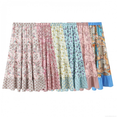 Women's Bohemian Tiered Maxi Skirt Floral Print High Waist Elastic Long Skirts Casual Summer Vacation Beach Wear Flowy Skirt