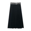 Women's High Waist A-Line Midi Skirt With Geometric Woven Belt Polyester Solid Color Streetwear Long Skirt For Daily Dating Street Women Fashion
