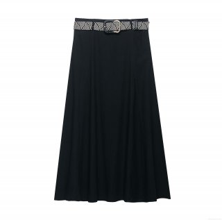 Women's High Waist A-Line Midi Skirt With Geometric Woven Belt Polyester Solid Color Streetwear Long Skirt For Daily Dating Street Women Fashion