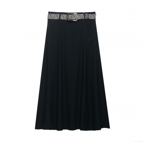 Women's High Waist A-Line Midi Skirt With Geometric Woven Belt Polyester Solid Color Streetwear Long Skirt For Daily Dating Street Women Fashion