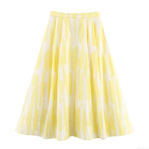 Women's High Waist A-Line Midi Skirt Abstract Yellow White Print Polyester Casual Streetwear Artistic Pleated Flare Skirt