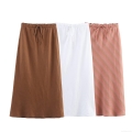 Women's Casual Linen Blend Midi Skirt High Waist A-Line Long Skirt With Drawstring Elastic Waist For Streetwear Summer Spring Solid Color Striped Bottoms