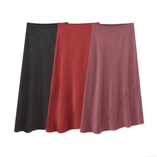 Elegant Women Satin Midi Skirt High Waist A-Line Silky Skirt Irregular Hem Solid Color Sexy Party Clubwear Midi Skirt For Ladies