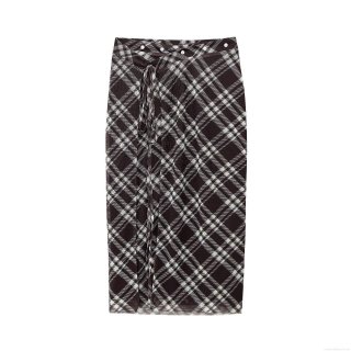 Women Plaid Mesh Sarong Skirt Sexy High Waist Bodycon Midi Skirt With Buttons And Tie Casual Streetwear Long Skirt Brown White Checkered Wrap Skirt