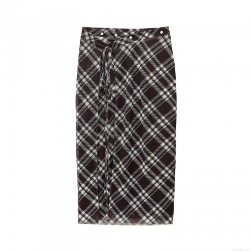Women Plaid Mesh Sarong Skirt Sexy High Waist Bodycon Midi Skirt With Buttons And Tie Casual Streetwear Long Skirt Brown White Checkered Wrap Skirt