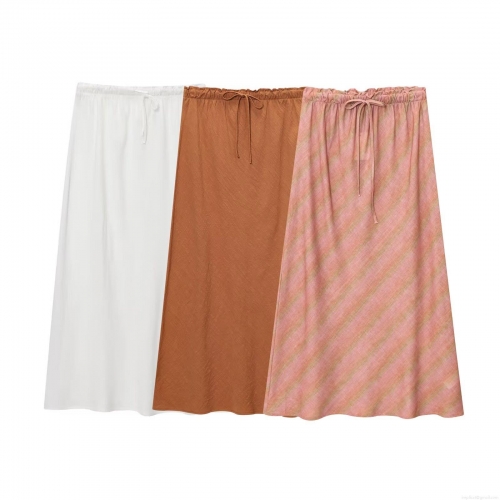 Women's Slub Polyester Linen Midi Skirt Elastic Waist Drawstring A-Line Solid Color Striped Summer Vacation Skirts For Women Streetwear Casual Bottoms