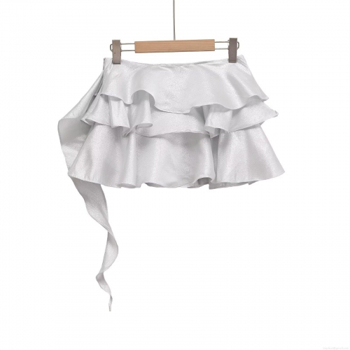 Women's Sexy Metallic Ruffle Mini Skirt Layered Frill Skirts Y2K Shiny Polyester Bodycon Skirt For Clubwear Party Streetwear