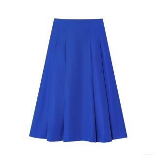 Women's Pleated Midi Skirt Polyester A-Line Umbrella Skirt Royal Blue High Waist Casual Solid Color Skirt With Pockets Street Style For Daily Dating Women
