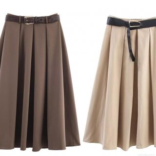 Women's High Waist Pleated Midi Skirt With Belt Elegant Solid Color A-Line Swing Long Skirt For Daily Office Lady Spring Autumn Vintage Western Style Skirt