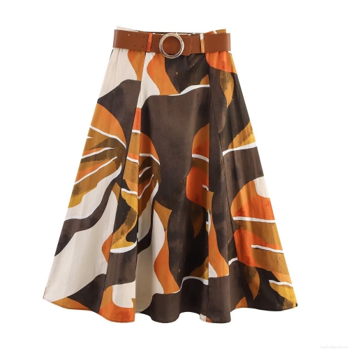 Bohemian Print Poplin A-Line Midi Skirt With Brown Faux Leather Belt Round Buckle High Waist Flowy Skirt For Women Summer Vacation Fashion Bottoms