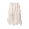 Women's Elegant Creamy White Sweet Tiered Layered Midi Skirt Solid Color Chiffon Ruffle Pleated High Waist A-Line Long Skirt For Daily Casual Party Wear