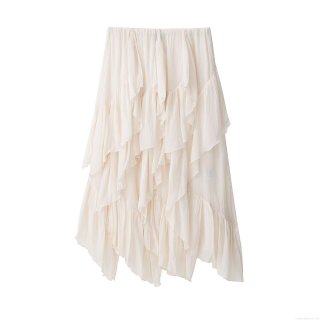 Women's Elegant Creamy White Sweet Tiered Layered Midi Skirt Solid Color Chiffon Ruffle Pleated High Waist A-Line Long Skirt For Daily Casual Party Wear