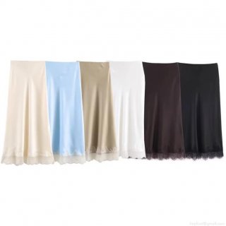 Women's Satin Midi Skirt With Lace Trim High Waist Silky Straight A-Line Skirt Elegant Streetwear Party Dating Solid Color Midi Skirts For Ladies