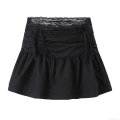 Women Fashionable 100% Cotton Mini Skirt With Lace Trim Sexy Drawstring Ruched Ruffle Hem Skirt For Party Club Streetwear Lady Clothing