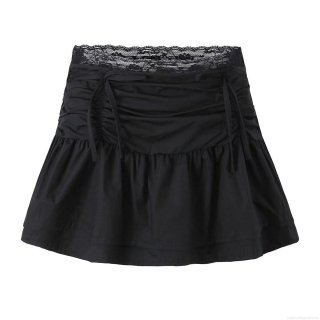 Women Fashionable 100% Cotton Mini Skirt With Lace Trim Sexy Drawstring Ruched Ruffle Hem Skirt For Party Club Streetwear Lady Clothing