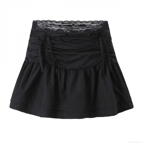 Women Fashionable 100% Cotton Mini Skirt With Lace Trim Sexy Drawstring Ruched Ruffle Hem Skirt For Party Club Streetwear Lady Clothing