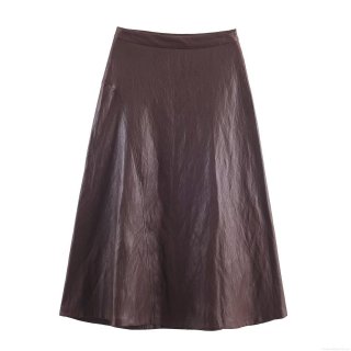 Women's Fashion Faux Leather Midi Skirt With Belt High Waist Solid Color A-Line Skirt Elegant Streetwear Sexy Party Wine Red Skirts