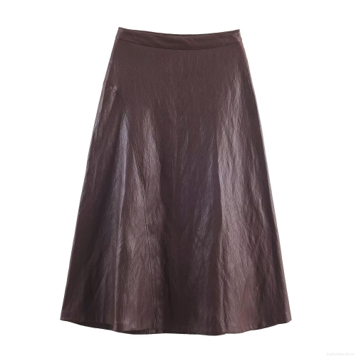 Women's Fashion Faux Leather Midi Skirt With Belt High Waist Solid Color A-Line Skirt Elegant Streetwear Sexy Party Wine Red Skirts