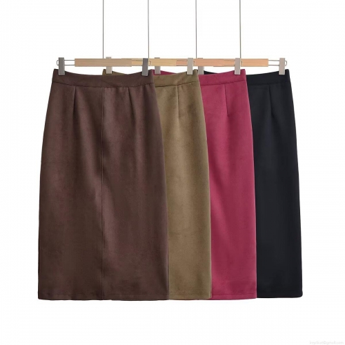Women's Elegant High Waist Faux Suede Midi Skirt Chic Slit Straight A-Line Skirt For Streetwear Party Office Solid Color Polyester Bottoms