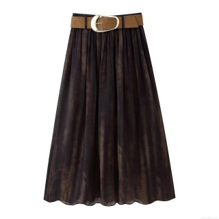 Women's High Waist Pleated Midi Skirt With Belt Fuzzy Print Plissé Straight Skirt For Streetwear Party Office Daily Wear