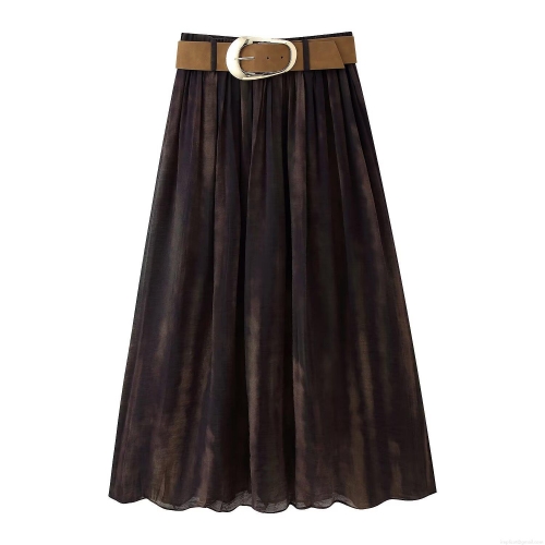 Women's High Waist Pleated Midi Skirt With Belt Fuzzy Print Plissé Straight Skirt For Streetwear Party Office Daily Wear