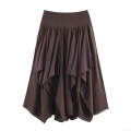 Women's Retro Irregular Layered Midi Skirt High Waist Smocked Elastic Waist Coffee Brown Polyester Streetwear Skirt With Fabric Covered Buttons