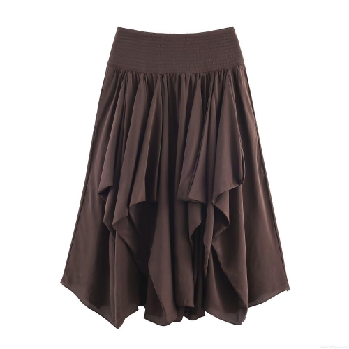 Women's Retro Irregular Layered Midi Skirt High Waist Smocked Elastic Waist Coffee Brown Polyester Streetwear Skirt With Fabric Covered Buttons