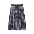 Women's Classic Plaid A-Line Midi Skirt With Brown Faux Leather Belt High Waist Navy Blue Grid Pleated Skirt Street Style Fashion Bottoms