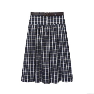 Women's Classic Plaid A-Line Midi Skirt With Brown Faux Leather Belt High Waist Navy Blue Grid Pleated Skirt Street Style Fashion Bottoms