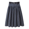 Fashionable High Waist Plaid A-Line Midi Skirt For Women With Belt Streetwear Navy Blue White Pleated Polyester Skirt Elegant Casual Ladies Spring Autumn Bottoms