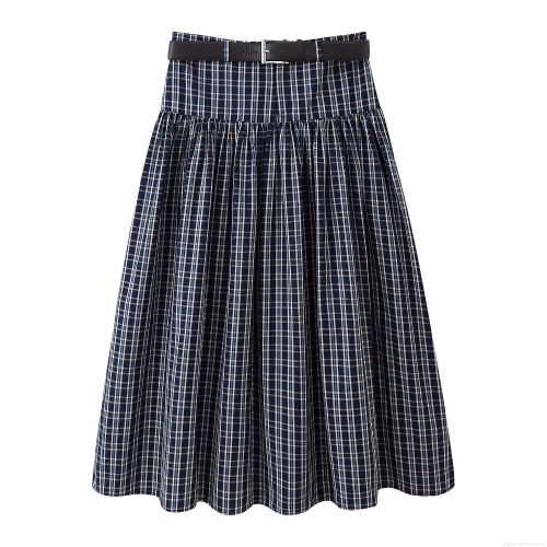 Fashionable High Waist Plaid A-Line Midi Skirt For Women With Belt Streetwear Navy Blue White Pleated Polyester Skirt Elegant Casual Ladies Spring Autumn Bottoms