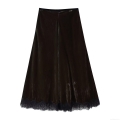 Women's Sexy High Waist Velvet Midi Skirt Elegant Coffee Brown A-Line Skirt with Black Lace Patchwork Hem Street Trendy Velvet Skirt for Party Club Wear