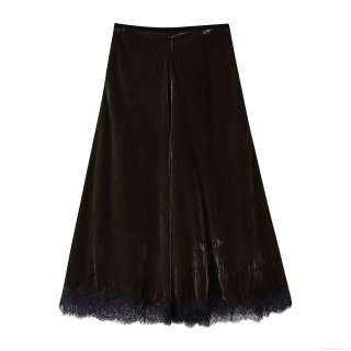 Women's Sexy High Waist Velvet Midi Skirt Elegant Coffee Brown A-Line Skirt with Black Lace Patchwork Hem Street Trendy Velvet Skirt for Party Club Wear