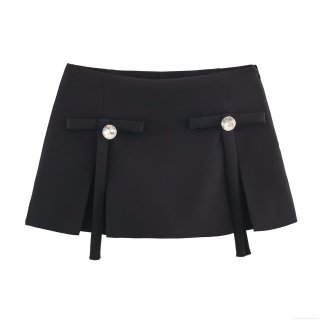 Sexy Street Style Women's Black Polyester Skort Mini Skirt With Rhinestone Jewelry Bow Ribbon Decoration Pleated A-Line Skort For Party Club Night Out