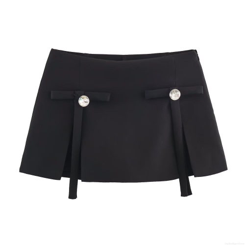 Sexy Street Style Women's Black Polyester Skort Mini Skirt With Rhinestone Jewelry Bow Ribbon Decoration Pleated A-Line Skort For Party Club Night Out