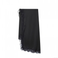 Women Sexy Black Satin Midi Skirt Lace Trim Asymmetric Wrap Skirt Side Tie Street Style Fashion Lady Elegant Skirt Bottoms