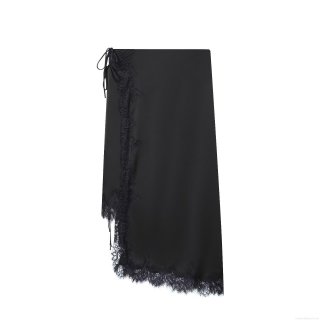 Women Sexy Black Satin Midi Skirt Lace Trim Asymmetric Wrap Skirt Side Tie Street Style Fashion Lady Elegant Skirt Bottoms