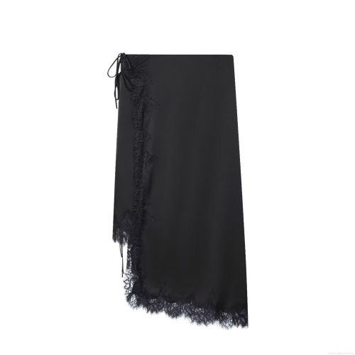 Women Sexy Black Satin Midi Skirt Lace Trim Asymmetric Wrap Skirt Side Tie Street Style Fashion Lady Elegant Skirt Bottoms