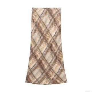 Women's Plaid Midi Skirt Satin Texture Polyester High Waist A-Line Straight Skirt Street Casual Party Dating Sexy Trendy European Style Skirt For Women Brown Beige