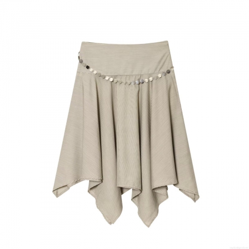 Women's Striped Irregular Hem Midi Skirt Polyester Cotton Skirt With Silver Metal Disc Waist Chain Casual Streetwear Sexy A-Line Skirt For Ladies