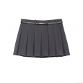 Women's Pleated Mini Skort with Belt Dark Grey Polyester Blend Preppy Style Short Skirt-Pants for Casual School Wear Bottoms High Quality Clothing