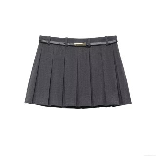 Women's Pleated Mini Skort with Belt Dark Grey Polyester Blend Preppy Style Short Skirt-Pants for Casual School Wear Bottoms High Quality Clothing