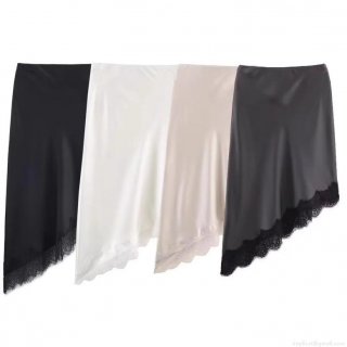 Women's Satin Midi Skirt With Asymmetrical Lace Hem Sexy Silk Texture Midi Skirt Solid Color Elegant Bottoms For Party Club Streetwear Ladies Skirt