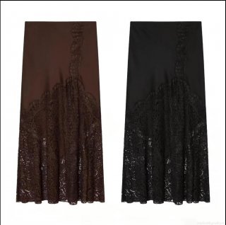 Women's Sexy Satin Midi Skirt Lace Patchwork High Waist Side Zipper Elegant Streetwear Solid Color Long Skirt For Women Party Date Office Daily Wear
