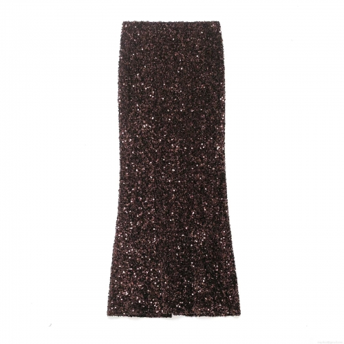 Women Sexy Sequin High Waist Maxi Skirt With Slit Coffee Brown Sparkly Bodycon Mermaid Skirt For Party Club Street Wear Polyester Long Skirt