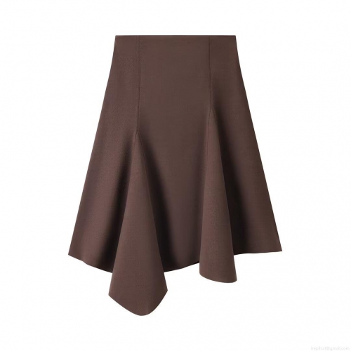 Women Fashion High Waist Asymmetrical Faux Suede Midi Skirt Solid Color Irregular Hem Stitching Skirt Streetwear Elegant Dark Brown Skirt