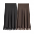 Women's Satin Midi Skirt Elegant High Waist Straight Solid Color Silk Texture Bottom With Lace Trim For Party Streetwear Sexy Fashion Ladies Skirt