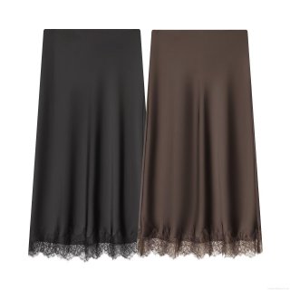 Women's Satin Midi Skirt Elegant High Waist Straight Solid Color Silk Texture Bottom With Lace Trim For Party Streetwear Sexy Fashion Ladies Skirt