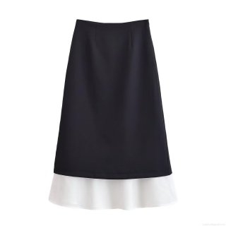 Women's High Waist Black White Spliced Long Skirt Contrast Color Layered Straight A-Line Skirt Fashion Streetwear Polyester Casual Skirts For Women